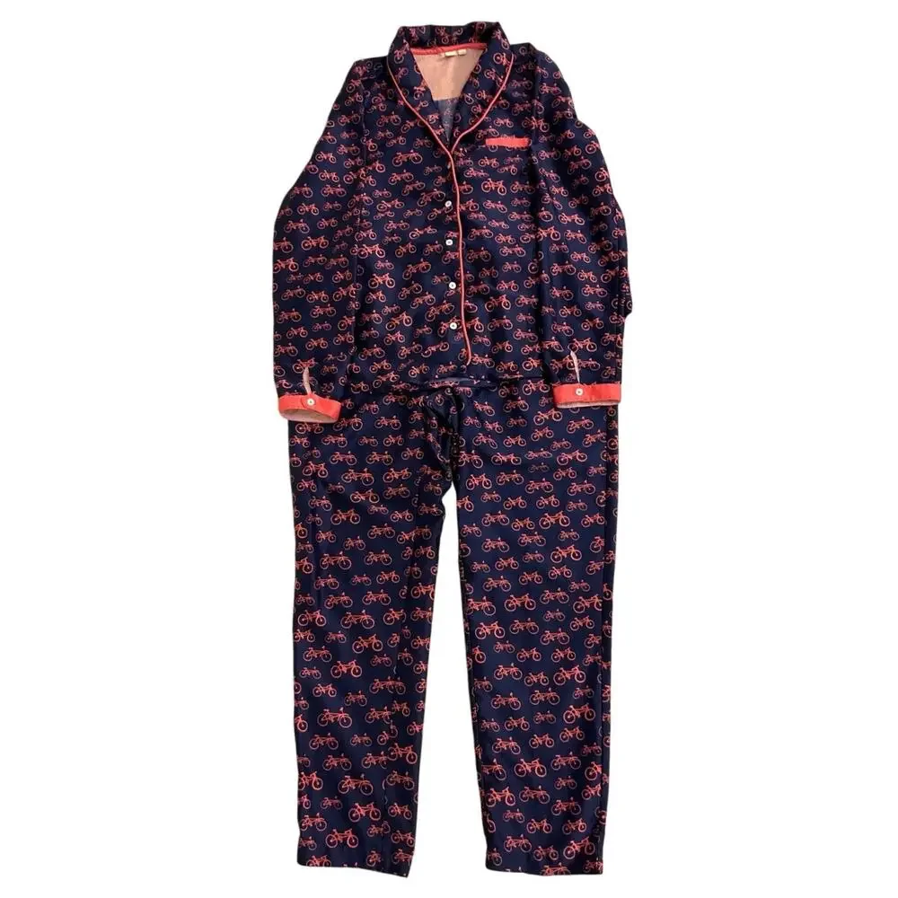 Anthropologie Bicycle Print Pajama Set Women’s Small Navy Pink Lounge Satin